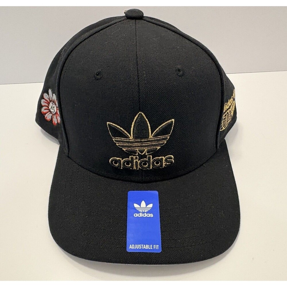 Adidas Snapback Hat Mens OSFM Black Gold Trefoil Logo Flat Brim Globe Graphic
